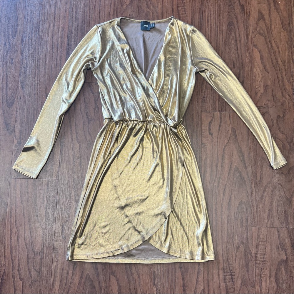 ASOS Metallic Gold Faux Wrap Dress Size 4